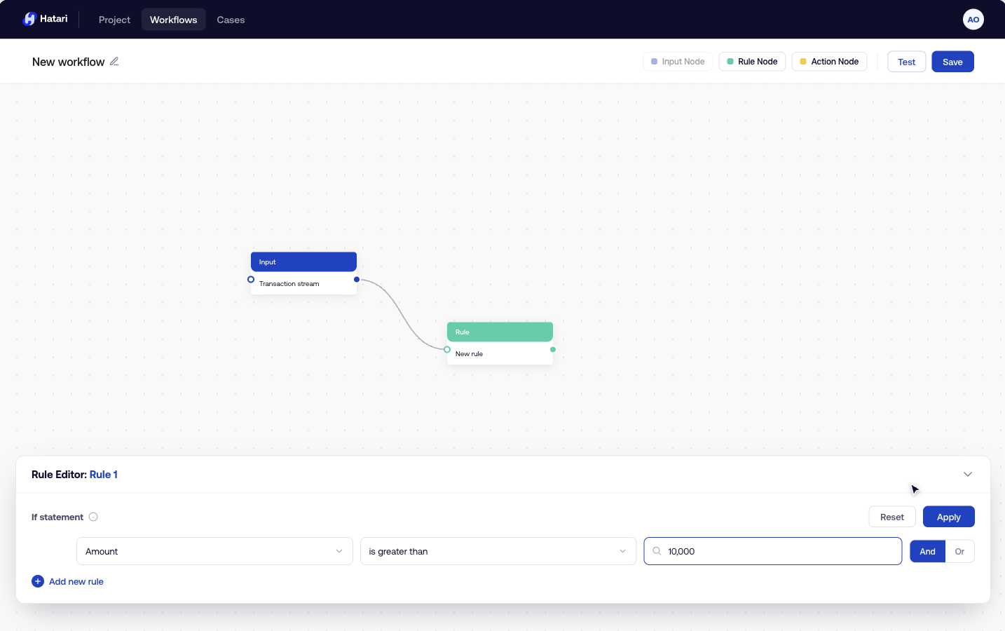 Rule Editor panel showing context-aware controls for the selected node